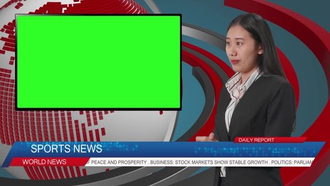 Side View Of Live News Studio With Asian Professional Female Anchor And Green Screen Television Reporting On The Events Of The Day
