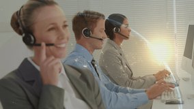 Animation of globe and connections over diverse business people using phone headsets. global business, communication, connections and data processing concept digitally generated video.