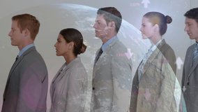 Animation of globe and connections over diverse business standing in row. global business, communication, connections and data processing concept digitally generated video. - Powered by Shutterstock - Get 15% off with code: PIKWIZARD15