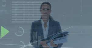 Animation of financial data over caucasian businesswoman with documents. global business, finance, technology and data processing concept digitally generated video.