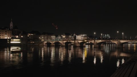 Night Timelapse Basel Switzerland Along Rhine River.