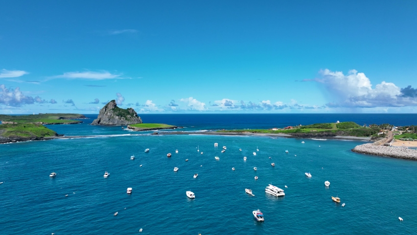Famous bay water archipelago of Fernando de Noronha at brazilian Atlantico Ocean. Pernambuco state Brazil. Paradise islands at Fernando de Noronha archipelago. Summer travel. Tropical destinations.