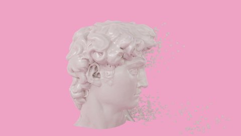 Digital Disintegration of David head on pink background. Sculpture David 3D Digital Disintegration Of Animation. 3D animation. 4K. Ultra high definition. 3840x2160.
