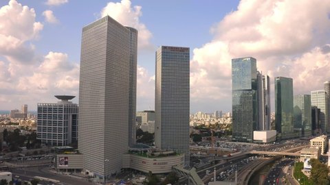 Tel Aviv Azrieli mall skyline - 4k aerial drone footage, Israel - 22.02.2022