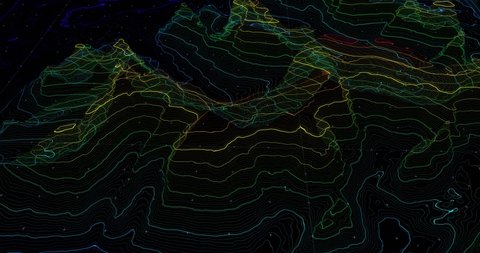 3D wireframe cartography concept. Geology terrain rotation, digital data telemetry and engineer topography with contour lines. hills, mountains and plains. 4K loop, 3D rendering