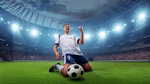 Soccer player shows great skills during the game on a professional soccer stadium . Stadium and crowd are made in 3d and animated.All players are wearing unbranded uniforms