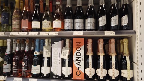 Rio de Janeiro, Brazil - March 26th 2022 - Chamagne and prosecco bottles at a market shelf. Brands Chandon and Casa Perini. Brazilian sparklin white wines from Rio Grande do Sul state.