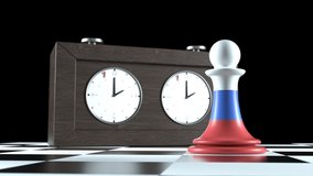 Creative video render with chess pawns. Ukrainian and Russian flags chess figures fighting. Russia wins and hits Ukrainian pawn. Clock in the background symbolizing standing-static war. 3D rendering.