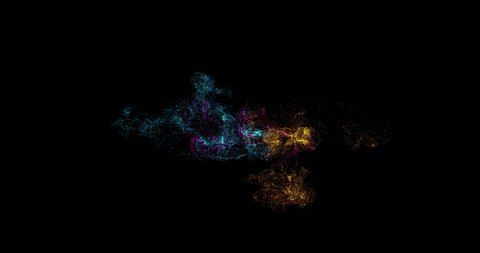 motion graphics abstract 3d particle explosion, fluid animation of colorful dots, black background, cartoon collision, storm and ripples, flowing smooth lines, simulation space. 3D rendering