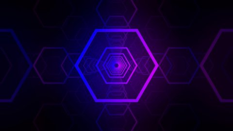 3d abstract geometry tunnel. Colored pink and blue hexagon shapes move in perspective on an empty black background. Show, holiday, performance concept