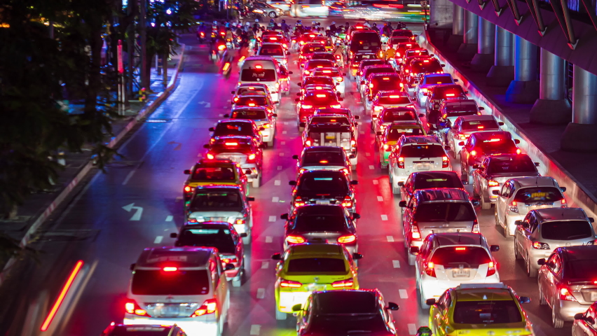 Night traffic jam Timelapse Bangkok, Thailand. Rush hour in downtown, motion of car tail lights, red stop signals vehicles moving before, Cityscape. Urban Transport lifestyle No logos and trademarks Royalty-Free Stock Footage #1088647883