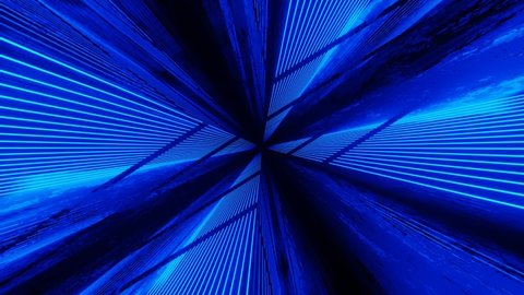 Glow blue lines. 4k seamless looped animation. Fly through mirror tunnel with neon pattern, glow lines form sci fi pattern. Bright reflection neon light. Simple bright background, sci fi structure