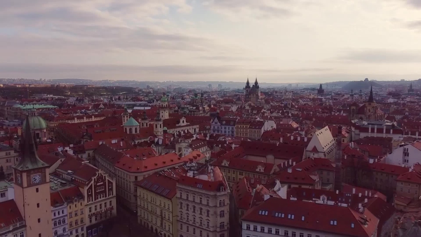 Aerial view above Prague at sunset. Picturesque cityscape from high, drone flying above old town cityscape. | Shutterstock HD Video #1088650929