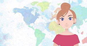 Animation of woman talking over globe and school icons. national mentoring month and celebration concept digitally generated video.