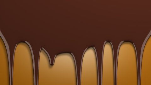 Chocolate drips on yellow background. Viscous liquid flowing down the surface in streams, melting drops forming streaks. 3D animation, alpha channel as matte mask included.