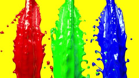 RGB flows of paint. Red, green and blue liquids on background of yellow chroma key. 3D animation of colorful fluids.