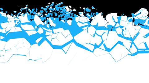Blue and white cartoon wall surface cracks and comes crashing down from above revealing a black background. 3D animated intro, alpha channel as matte mask included.