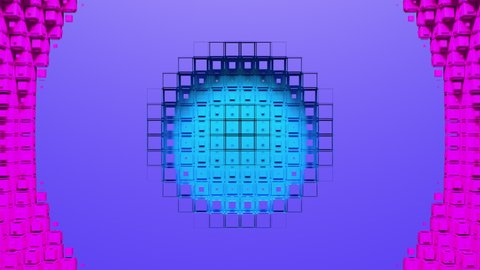 Multicolor voxel circle holes and rings diverge from the center of screen. Seamless loop 3D animation.