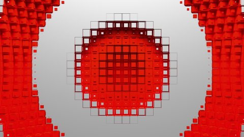 Red voxel circle holes and white rings diverge from the center of screen. Seamless loop 3D animation.