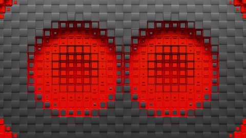 Red voxels form two circular holes and carbon rings which diverge from the center of screen. Seamless loop 3D animation.