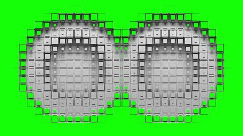 White voxels cut out of green screen, form two circular holes and reveal blue chroma key. Abstract transition, 3D animated intro.