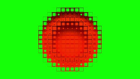 Red voxels cut out of green screen, form circular hole and reveal blue chroma key. Abstract transition, 3D animated intro.
