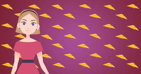 Animation of woman talking over paper plane icons. national mentoring month and celebration concept digitally generated video.