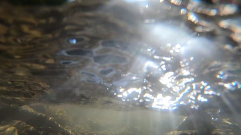 Flowing water, skylight of sun through water, stones lying at bottom, underside of surface of water stream. Sun glare moves over surface of stones. Nature backdrop, natural background. Environment