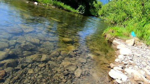 Camera descends into the water of shallow mountain river. Turbid water with air bubbles and debris. Underwater view with stones covered mule at bottom. Flow of water in river inside. Sunny summer day