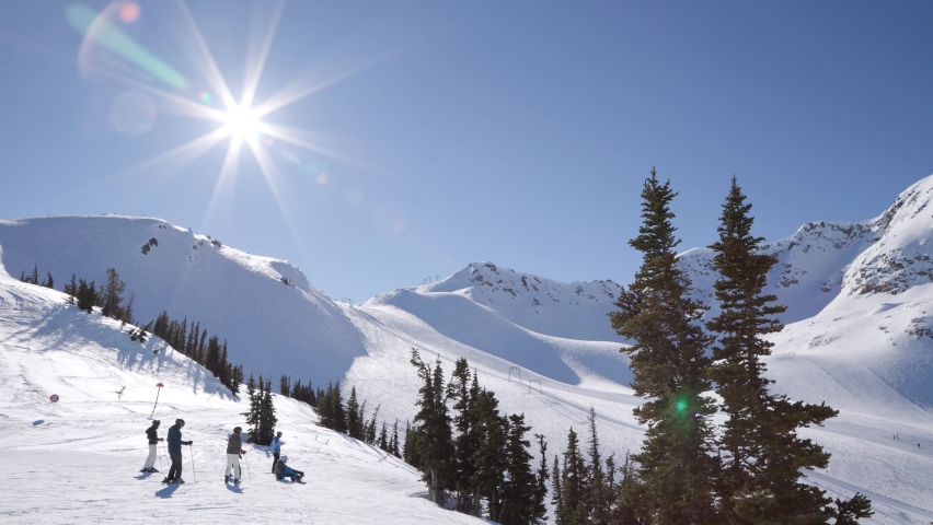 Whistler Mountain on a sunny day, ski mountain, sunny day, winter, ski hill. 4k 24fps