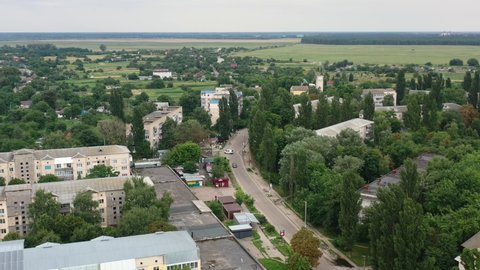 Aerial Drone video of Kalyta town buildings on the border of Kyiv Oblast and Chernihiv Oblast Ukraine. Filmed on a summer day in August 2021