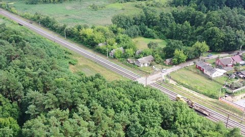 Aerial drone of a train in Klevan of Rivne Oblast Ukraine. Filmed on a summer day in August 2021