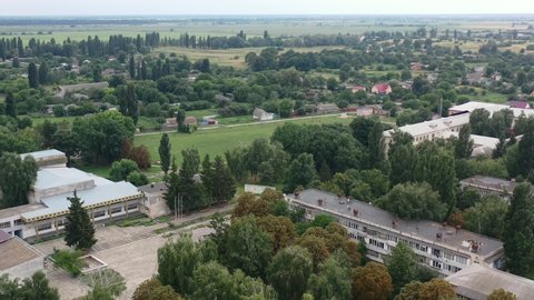 Aerial Drone video of Kalyta town buildings on the border of Kyiv Oblast and Chernihiv Oblast Ukraine. Filmed on a summer day in August 2021