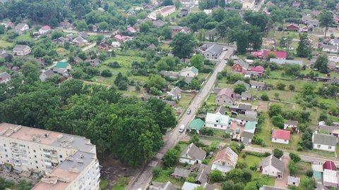 Aerial drone of Klevan town buildings and homes in Rivne Oblast Ukraine. Filmed on a summer day in August 2021