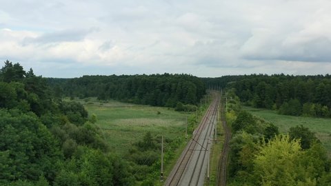 Aerial drone of train tracks in Klevan of Rivne Oblast Ukraine. Filmed on a summer day in August 2021