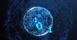 Animation of binary coding and globe on black background. global technology and digital interface concept digitally generated video.