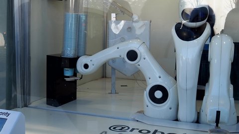 Moscow, Russia, Zaryadye Park, 02.14.2022. Monty's robot. A robotic cafe. MontyCafe coffee shop. High quality 4k footage