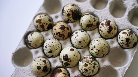 Spotted quail eggs in an egg box on a light background, natural eco-friendly products.
