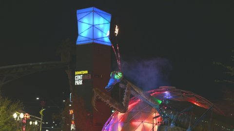 Las Vegas, Nevada - February 4, 2022: Praying mantis shoots fire from Antennae. 