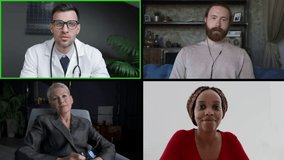 Male doctor talking to colleagues or clients during virtual call on screens spbd spbi akspb. View on 4 displays of young man speaks about illness and looks ahead, multi-ethnic people listen with