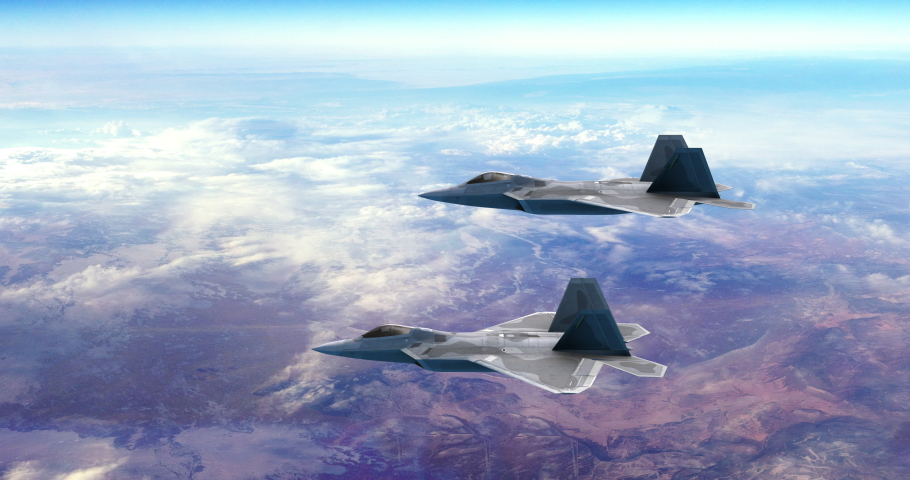 Fighter Jets Flying Together High Above The Clouds. Ready For Air Attack. War And Air Force Related 4K Motion.