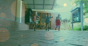 Animation of dots and back 2 school over caucasian pupils running. education, learning and back to school concept digitally generated video.