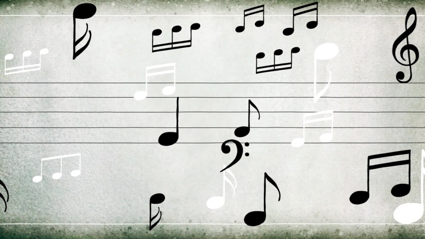 Music notes on vintage paper pulsing dynamic background cartoon animation. Good for videoclip, fairy tales or illustrating music. Long seamless loop and alpha channel included. White and black notes.