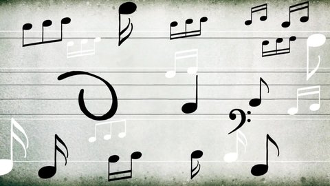 Music notes on vintage paper pulsing dynamic background cartoon animation. Good for videoclip, fairy tales or illustrating music. Long seamless loop and alpha channel included. White and black notes.: stockvideo