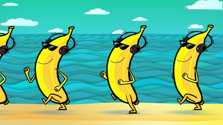 Cartoon character yellow bananas with headphones walking on the seaside beach. Funny short animation. Seamless loop. Holidays, party, celebrating. | Shutterstock HD Video #1088662631