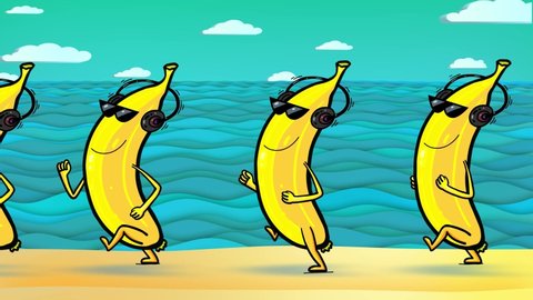 Cartoon character yellow bananas with headphones walking on the seaside beach. Funny short animation. Seamless loop. Holidays, party, celebrating.