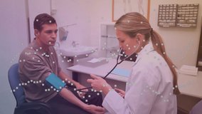 Animation of graphs over diverse caucasian male patient and female doctor. health, medicine, science and technology concept digitally generated video.