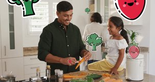 Animation of food icons over biracial family in kitchen. fashion and lifestyle concept digitally generated video.