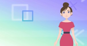 Animation of woman icon over shapes on blue background. abstract background and pattern concept digitally generated video.