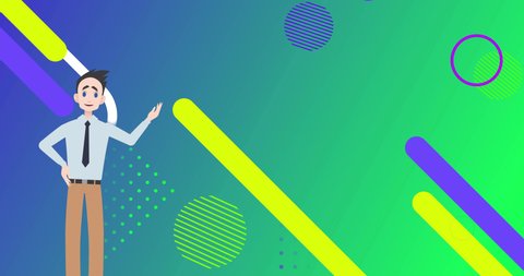 Animation of man icon over colorful shapes on green background. abstract background and pattern concept digitally generated video.
